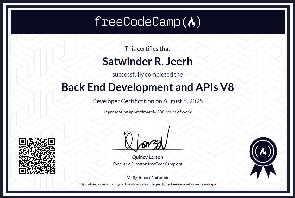 Back End Development and APIs Certification